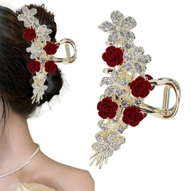 Rannyrane Flower Rhinestone Metal Hair Claw Clips for Women Camellia Floral Claw Clip Large Tulip Nonslip Strong Hold Hair Accessories for Thick Hair (Red Velvet Rose C)