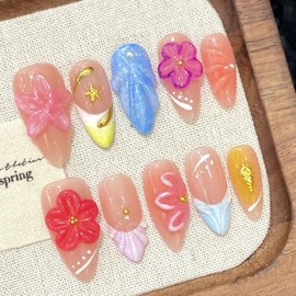 10Pcs Handmade Press On Nails Summer Beach Style – Short Almond Cute Fake Nails with 3D Flowers Shell & Heart – Glossy Glue on Nails for Women & Girls Vacation Look