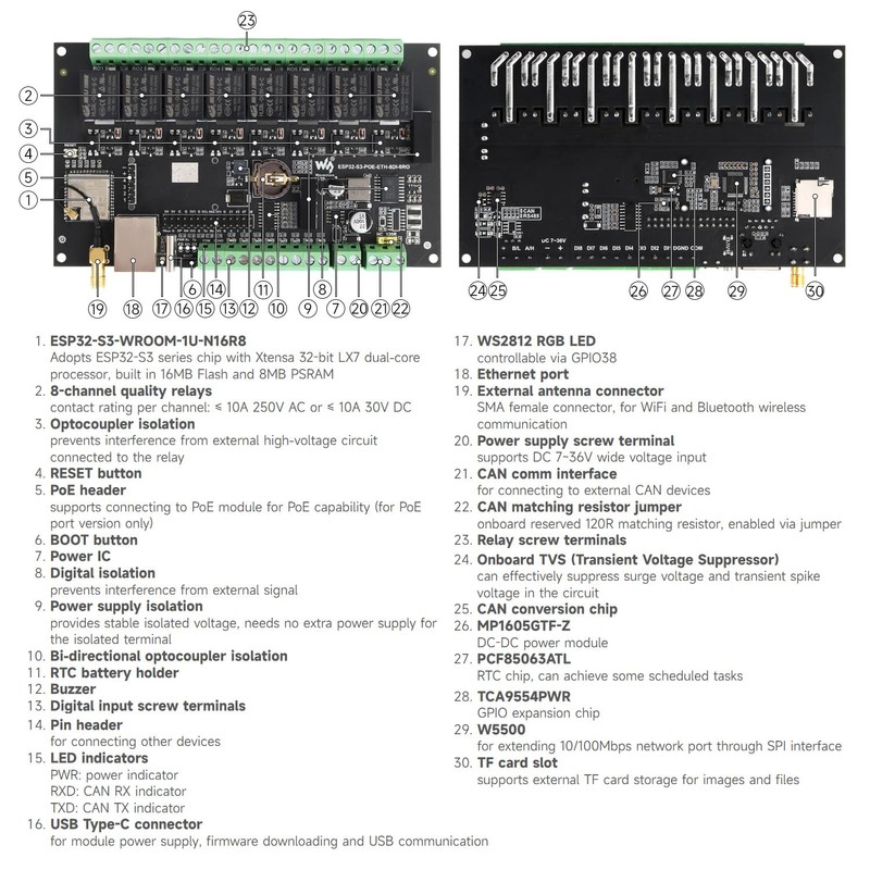 Waveshare ESP32-S3-POE-ETH-8DI-8RO-C(PoE Network Port), Industrial 8-Ch ESP32-S3 WiFi Relay Module,