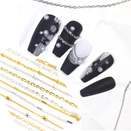 DANNEASY Nail Chains for Nail Art Gold and Silver Metal 3D Nail Charms Metal Nail Art Chains Punk Nail Studs Nail Jewelry Accessories for Women Nail Art Decoration (12 Strips 7.87in)