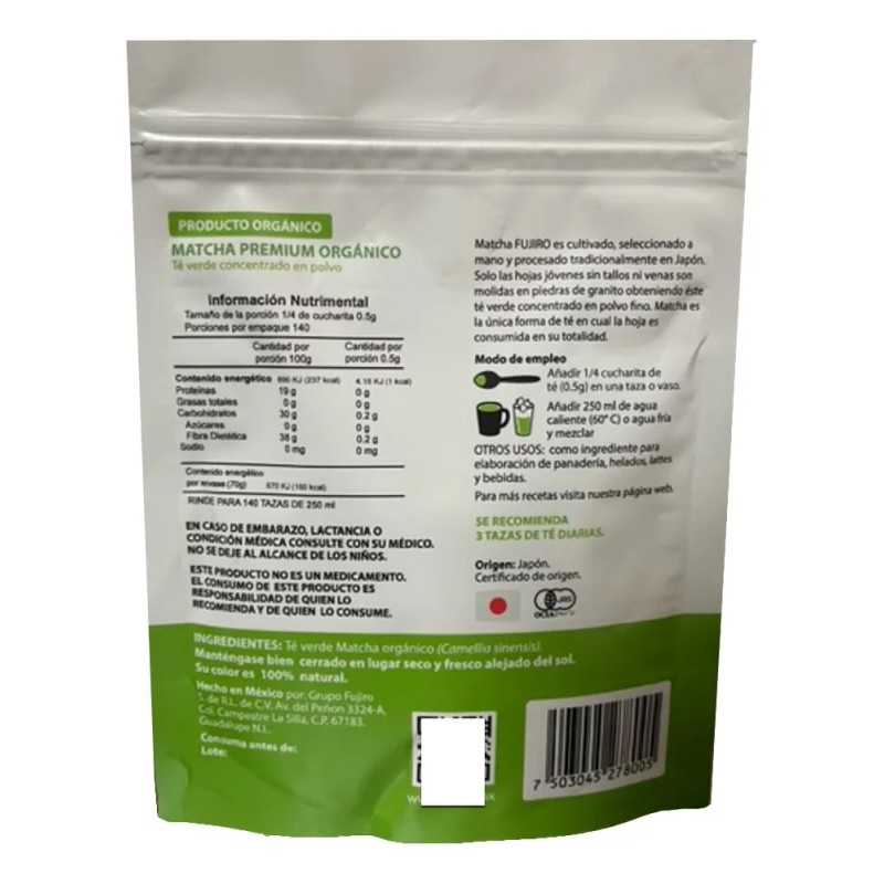 Té Matcha Japonés Premium Orgánico 2 Bolsas (70g C/u)