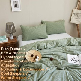 BFS HOME Stonewashed Cotton/Linen Duvet Cover Queen, 3-Piece Comforter Cover Set, Breathable and Skin-Friendly Bedding Set (Green, Queen)