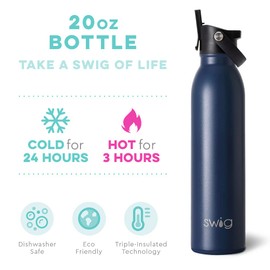 Swig Life 20oz Insulated Water Bottle, Travel Water Bottle with Straw and Lid, Cup Holder Friendly Water Bottles, Stainless Steel Water Bottle, 20 oz Tumbler, Reusable Water Bottle (Matte Navy)