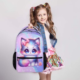 CustomWish School Cat Backpack for Girls, Bookbag for Kids Kindergarten Elementary Primary Middle College, 17 Inch Large Capacity Cat Backpacks Gift