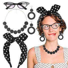 BETESSIN 4-Piece Rockabilly Accessories Women's 50s Costume Dress Accessory 60s Outfit Black Polka Dots Headband Glasses Necklace for 1950s Theme Party Retro Carnival Party