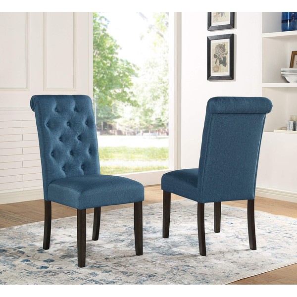 Roundhill Furniture Leviton Solid Wood Tufted Parsons Dining Chairs, Set of 2, Blue