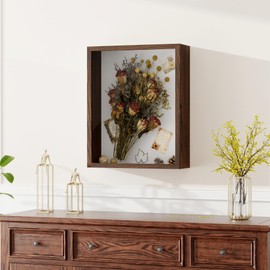 Muzilife 16x20 Shadow Box Frame Extra Large, 3.54" Deep Display Case with Linen Back & Natural Wood Frame, 8 Pins for Jerseys, Flowers, Wedding Keepsakes, Kids' Mementos, Tickets, Photos, Honey Brown