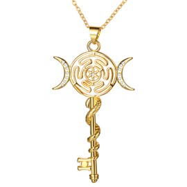 Cupimatch Key Necklace Amulet Jewellery: Golden Triple Moon Goddess Pendant Vintage Stainless Steel Hekate Wheel Chain with Snakes and Pentagram Mystical Witch Gift for Men Women