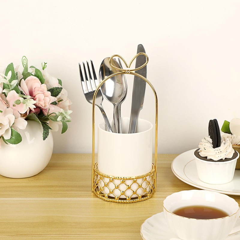 JUXYES Ceramic Silverware Holder For Tabletop, White Cutlery Holder With