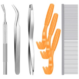 7 Pcs Tick Removal Tool Kit, Include 3 Plastic Removers, 3 Stainless Steel Tweezers with Comb for Dog and Cats(Orange)