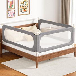 PNXDFC 3-Piece Bed Rails for Toddlers, with Headboard Rod -Height Adjustable Perfect Baby' Safety Bed Rails for Babys Bed Rails Guard for Queen Size Bed(3Pack 78.7"x78.7"x59"-Gary)
