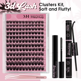 Mayhug Eyelash Extensions Set, 3D Volume Eyelash Extension, 144 Pieces, Artificial Eyelashes Set, 10-18 mm, D Curl Eyelash Clusters Set with Eyelash Glue and Eyelash Applicator (Lux Set)