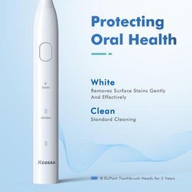 keosaa Sonic Electric Toothbrush High-Efficiency Cleaning with Dupont Nylon Bristles, IPX7 Waterproof, 60 Days Battery Life with 8 Brush Heads for Adults and Kids(White)