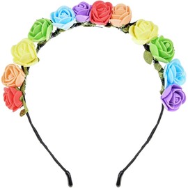 Merroyal Boho Floral Crown Rose Flower Headband Hair Decoration Wreath Flower Hair Accessory Rainbow (Rainbow), Pack Of 1