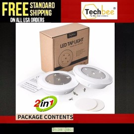 Techbee LED Tap Lights wall Stick On Push Battery Cordless Powered Puck 2 Pack