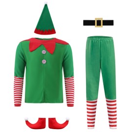 AudMsier Christmas Elf Costume Men Elf Hat Set Shirt Pants Dress Christmas Carnival Costume Men and Boys (110CM)