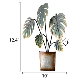 Sintosin Vintage Small Metal Monstera Leaf Wall Decor 10 X 12 Inches, Hanging Tropical Palm Leaves Metal Wall Art for Bedroom, 3D Green Fake Potted Plant Home Wall Decor for Living Room Office