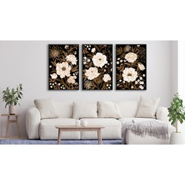 Large Framed Flower Wall Art - White Blossom Brown Leaves Wall Decor 16"x24" Set of 3 Bloomy Floral Painting Prints Rustic Retro Botanical Canvas Pictures for Living Room Bedroom Office Artwork