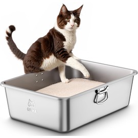 Qiuma Stainless Steel Litter Box with Handle, Large Metal Cat Litter Box with High Sided for Big and Small Cats, Kitty Litter Box, Non-Stick, Easy to Clean, Odor-Free, Cat Toilet，Litterbox