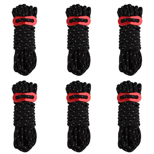 YAPJEB Tent Rope, Guy Rope, Tarp Rope, Diameter 0.2 inches (4 mm), Length 16.4 ft (4 m), Reflective Paracord, Guy Line, Free Metal Fittings, Load Capacity 440.1 lbs (200 kg), Camping Rope, Outdoor (Black)