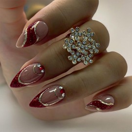 SINHOT Almond Press on Nails Medium Fake Nails Glossy Glue on Nails Red Bling Glitter Acrylic Nails 3D Rhinestones Stiletto Artificial Nails French Tip Stick on False Nails with Design 24 pcs