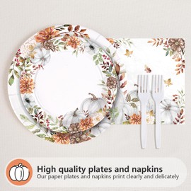 Grencian 200 Pcs Fall Pumpkin Paper Plates Watercolor Pumpkin Floral Platters Disposable White Pumpkin Decorative Tableware for Thanksgiving Harvest Wedding Birthday Party Decor Supplies Serves 50