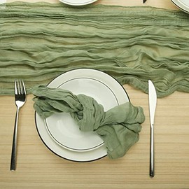 Juego de camino de mesa y servilletas de estopilla verde salvia, gasa estilo bohemio de 13 pies con 12 servilletas, decoración rústica arrugada para mesa para boda, cumpleaños, cenas