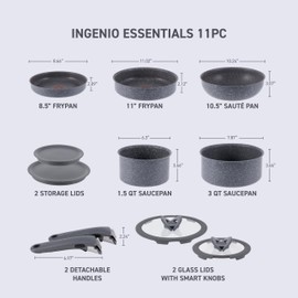 T-fal Ingenio Essentials Cookware Set with Detachable/Removable Handle 11 Piece, Granite Titanium Non Stick, Induction, Oven Broiler Safe 500F, Stackable, Pots and Pans Set, RV Camping, Fry Pans Gray