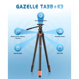 IFOOTAGE Gazelle Tripod TA3B with Komodo Fluid Head K3, 62"/157.5cm Tripod Aluminum Alloy Tripod,Travel Camera Tripod Stand, for Smartphone Live Streaming Vlog Sony Nikon Canon Fuji DSLR,TA3B+K3