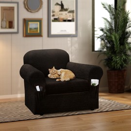 Pfrstuv Chair Slipcover with Armrest Pockets 2-Piece Set, Stretch Faux Leather Chair Cover for Armchairs(Fits 31-45") - Non-Slip, Machine Washable, Pet & Kid Friendly - Coffee