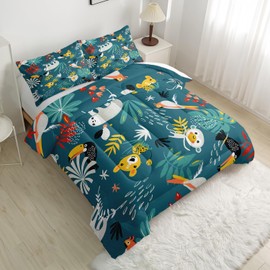 Nttopship Kids Zoo Animal Full Bedding Sets, Cartoon Wild Animals Comforter Set Safari Animals Print Comforter for Boys Girls Children Teens Bedroom Decor with 1 Comforter and 2 Pillowcases