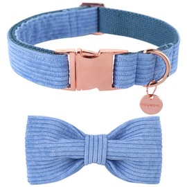 DOGWONG Velvet Dog Collar with Bowtie, Blue Dog Collar Soft Adjustable Dog Collar Durable Puppuy Collar for Small Dogs, S (25.5cm-40.6cm), Christmas Dog Gift