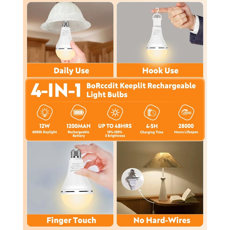 BoRccdit KeepLit 10 Pack Emergency Rechargeable Light Bulbs, 48H Long
