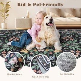 LUXRUG Washable Area Rug 5x7 - Charcoal Black Botanical Floral Living Room Rug Non-Slip Soft Boho Bedroom Rug Ultra-Thin Vintage Flower Dining Room Rugs for Under Table Office Carpet