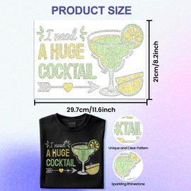 ANATTASOUL Rhinestone Iron on Transfer Cocktail and Lemon Bling Diamond Hotfix Patches for Clothes, 11.6"x8.2" Large Iron On Sequin Applique for Jeans Jacket Caps Bag T-Shirts Shoes DIY Decor