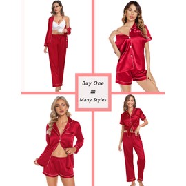 SWOMOG Women & Men 4 Pcs Pajamas Sets Silk Satin Pjs Sets Button-Down Sleepwear Soft Loungewear with Long Pants