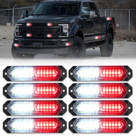 OFFKAT Upgraded 8 PCS 12 LED Sync Feature Emergency Strobe Lights, [20 Flashing Light Patterns] White & Red Strobe Lights for Truck, [Can-bus Design] Ultra Slim Strobe Lights for Vehicle/Car/ATV/UTV