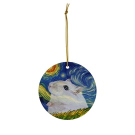Whimsical Night Sky White Hamster Christmas Ornament Circle Ceramic - Impressionist Pet Portrait Memorial Keepsake Gifts for Hamster Lovers