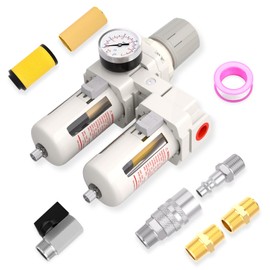 MEANLIN 1/2" NPT Air Drying System, Double Air Filters with 150 PSI Gauge and Valve Shut Off Switch for Plasma Cutter and Paint Spray, Manual Drain