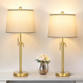 Table Lamps Set of 2,Adjustable Height Bedside Lamp,Gold Tall Lamp with White Shade 3 Color Temperature,Modern Pull Chain Brass Lamp for Living Room Bedroom End Table Nightstand Office(Bulbs Included)