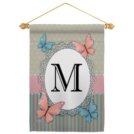 Breeze Decor M Initial Garden Flag Set Wood Dowel Monogram Friends Bugs & Frogs Butterfly Ladybugs Dragonfly Bee Springtime Insect Natural Wildlife House Yard Gift Double-Sided, Made in USA