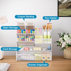 Marbrasse Mesh Desk Organiser, Multifunctional Pen Holder with Drawer, Storage Shelf for School, Home, Office, Supplies (White)