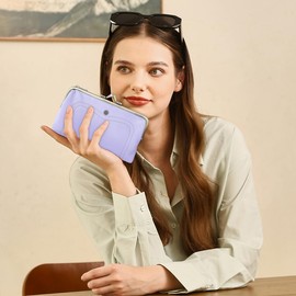 CONTACTS Full Grain Goat Leather Kiss Lock Wallet for Women Vintage Clutch Wallet with Rfid Blocking Zipper Coin Purse (Purple)