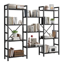 SUPERJARE Triple 4 Tier Bookshelf, Bookcase with 11 Open Display Shelves, Wide Book Shelf Book Case for Home & Office - Color: Black