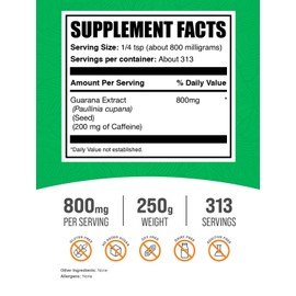 BulkSupplements.com Guarana Extract Powder - Natural Caffeine Supplement, from Guarana Seed, Guarana Powder - Gluten Free, 800mg per Serving, 250g (8.8 oz) (Pack of 1)