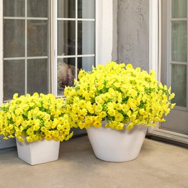 Artificial Fake Outdoor Outside Plants Flowers for Spring Summer, 12 Bundles Faux Silk Yellow Morning Glory Flowers Eucalyptus UV Resistant Realistic for Planter Porch Garden Patio Balcony Decoration
