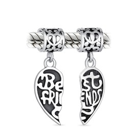 BFF Forever Words Best Friends Puzzle Two Piece Split Heart Shape Dangle Bead Charm Oxidized .925 Sterling Silver Fits European Bracelet