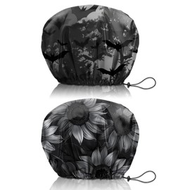 Cabreche 2 PCS Shower Cap Reusable Waterproof Double Layers Hair Caps Large Shower Bath Adjustable Elastic Hat for Women Girls Cute Aesthetic-Bat Sunflower