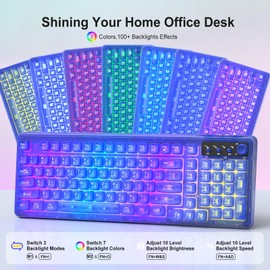 Wireless Light Up Keyboard and Mouse,Cute 2.4Ghz Cordless Rechargeable Clear Transparent Backlit Keyboard,15 Backlight Effects,Volume Knob,RGB Mouse with 3 DPI for Mac Computer PC Laptop Desktop-Blue