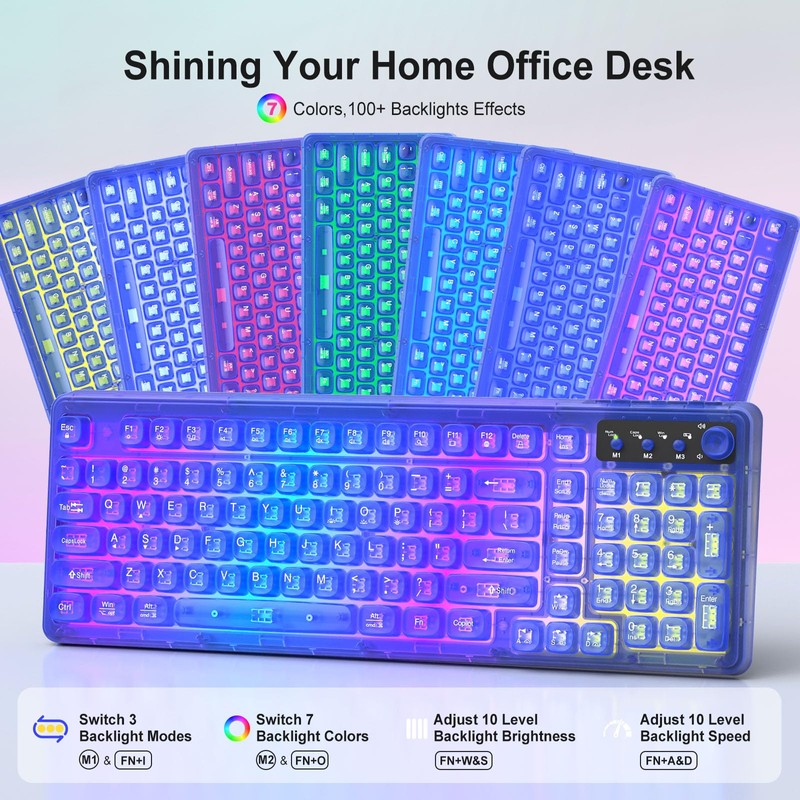 Wireless Light Up Keyboard and Mouse,Cute 2.4Ghz Cordless Rechargeable Clear